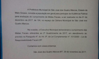 Prefeitura de Quatro Marcos convida a população para Audiência Pública sobre Metas Fiscais