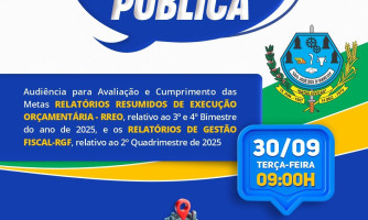 Audiência pública para avaliação do RREO 3º e 4º bimestres 2025 e do RGF 2º quadrimestre 2025