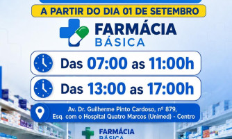 Farmácia Básica terá novo horário de funcionamento a partir de 1º de setembro