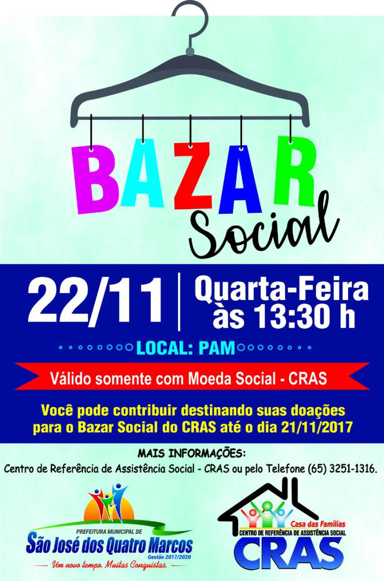 Bazar Social do CRAS será realizado no dia 22 de novembro no PAM; você pode contribuir com doações
