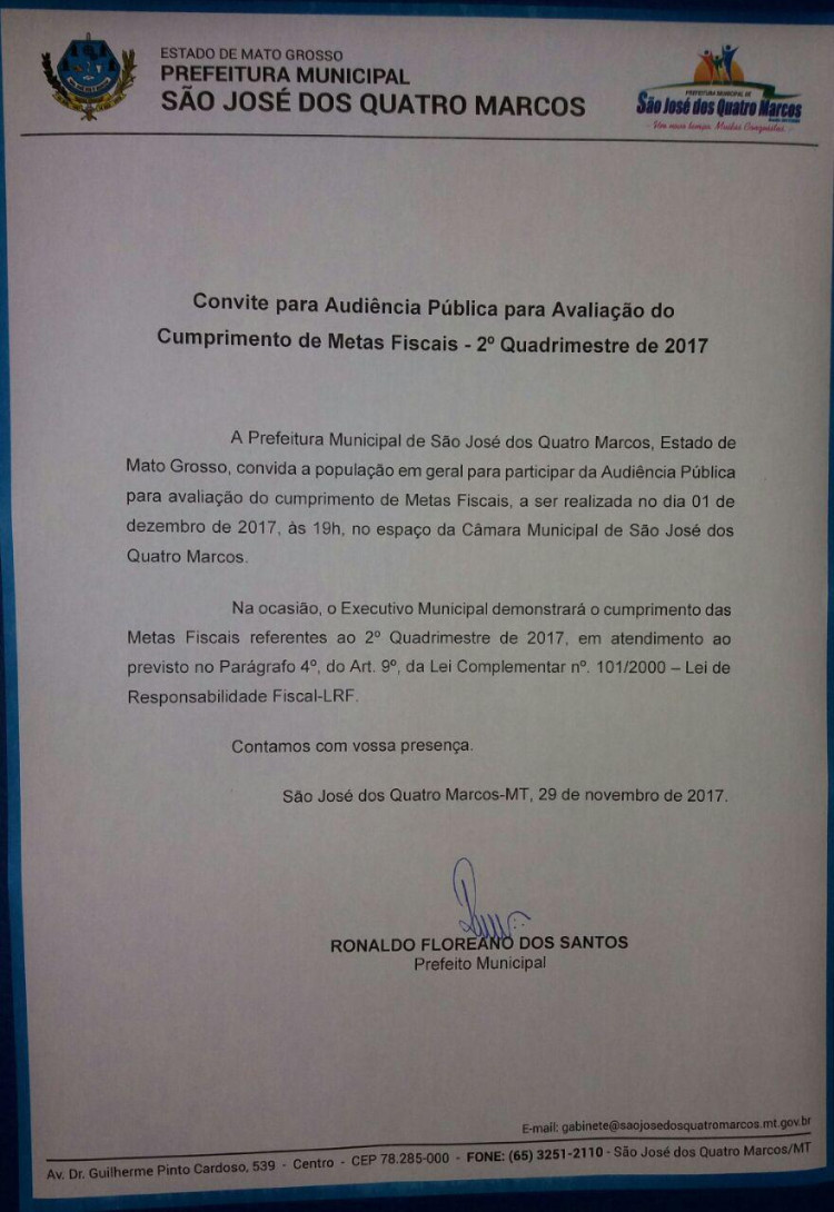 Prefeitura de Quatro Marcos convida a população para Audiência Pública sobre Metas Fiscais
