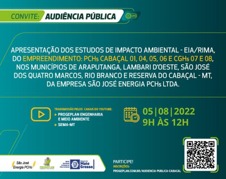 Prefeitura Municipal divulga convite para audiência pública do Complexo Hidrelétrico do Cabaçal