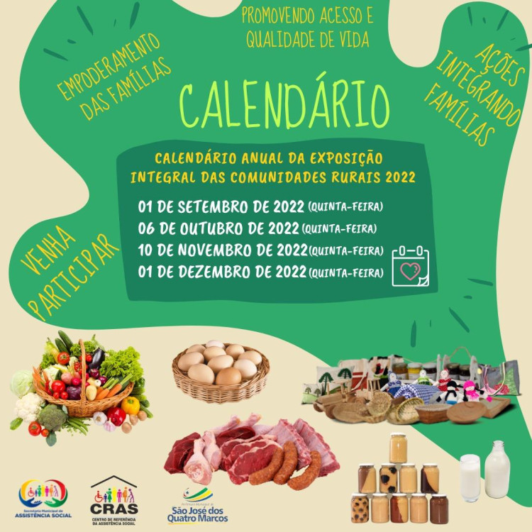 Assistência Social divulga calendário anual da Exposição Integral de Produtos Alimentícios e Artesanais das comunidades rurais