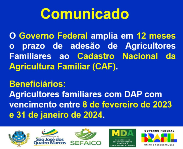 Secretaria Municipal de Agricultura divulga ampliação do prazo de adesão ao Cadastro Nacional da Agricultura Familiar (CAF)