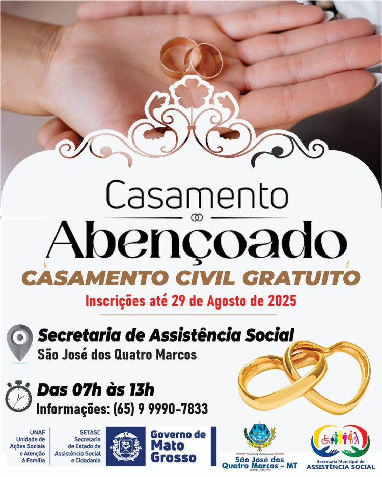 Inscrições abertas para casamento civil gratuito em São José dos Quatro Marcos