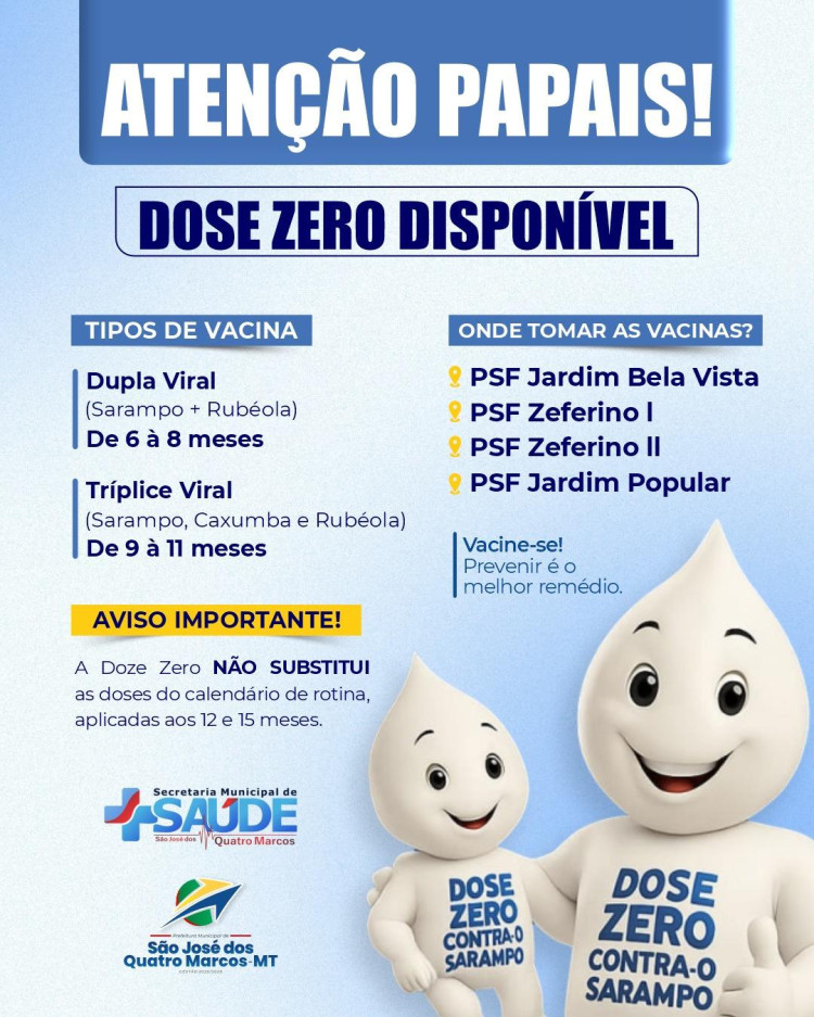 Vacinação Dose Zero contra Sarampo disponível em São José dos Quatro Marcos
