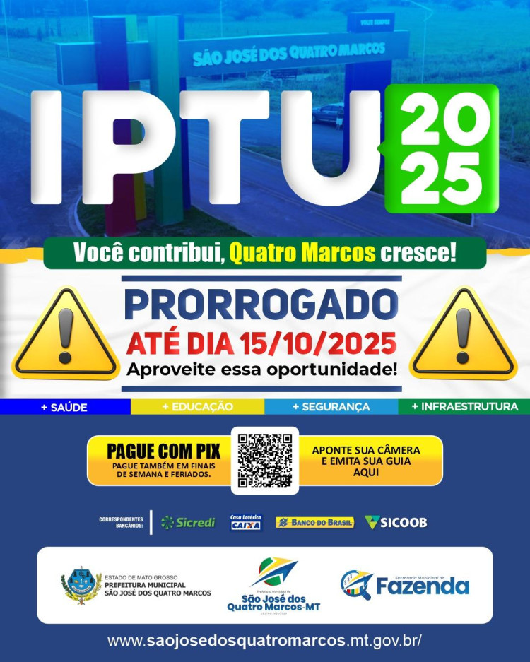 IPTU São José dos Quatro Marcos prazo prorrogado até 15/10/2025