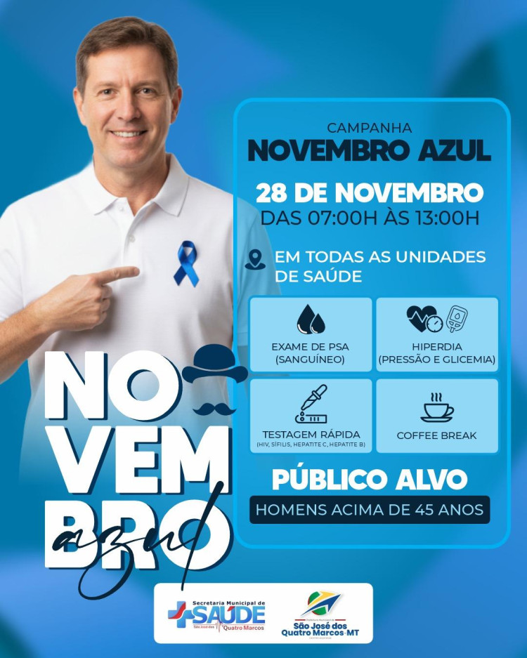 Novembro Azul 28 de novembro 07:00 às 13:00 em todas as unidades de saúde