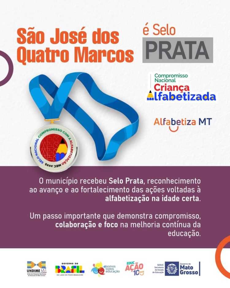 São José dos Quatro Marcos recebe Selo Prata por alfabetização na idade certa