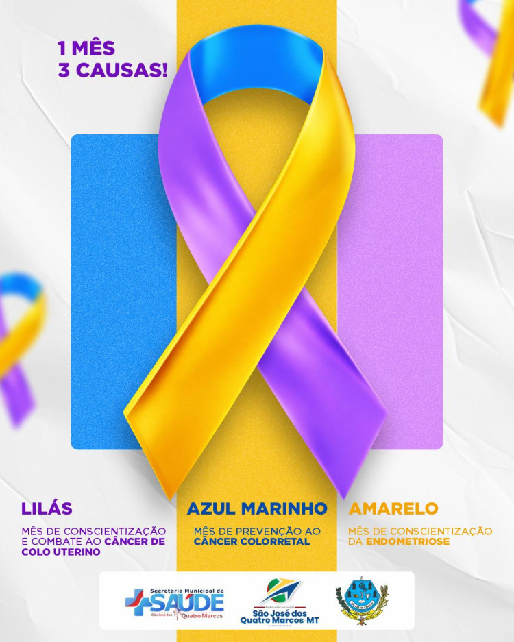 Março Lilás, Azul-Marinho e Amarelo prevenção e conscientização sobre câncer do colo do útero, câncer colorretal e endometriose