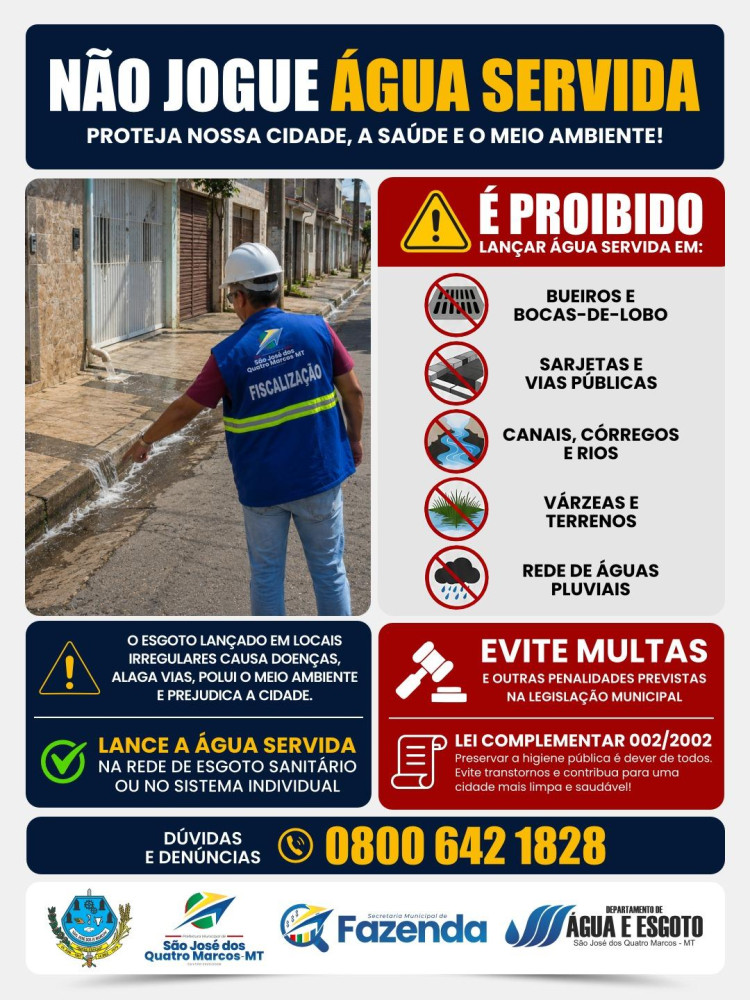 Campanha de conscientização sobre a proibição do descarte de água servida Lei Complementar 002/2002
