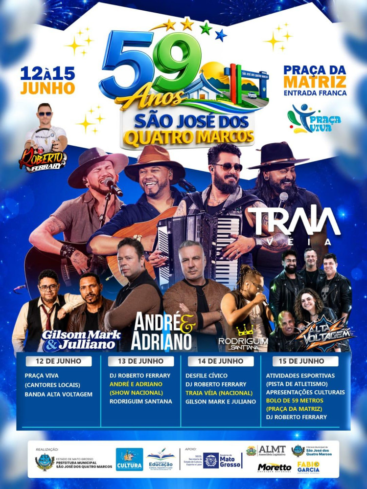Celebração dos 59 Anos de São José dos Quatro Marcos com shows e eventos