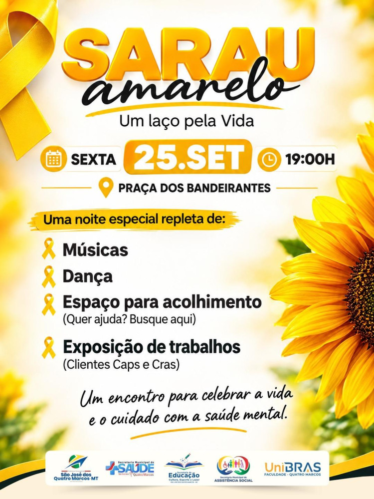 Setembro Amarelo: Prefeitura realiza “Sarau Amarelo – Um Laço pela Vida” no dia 25 de setembro